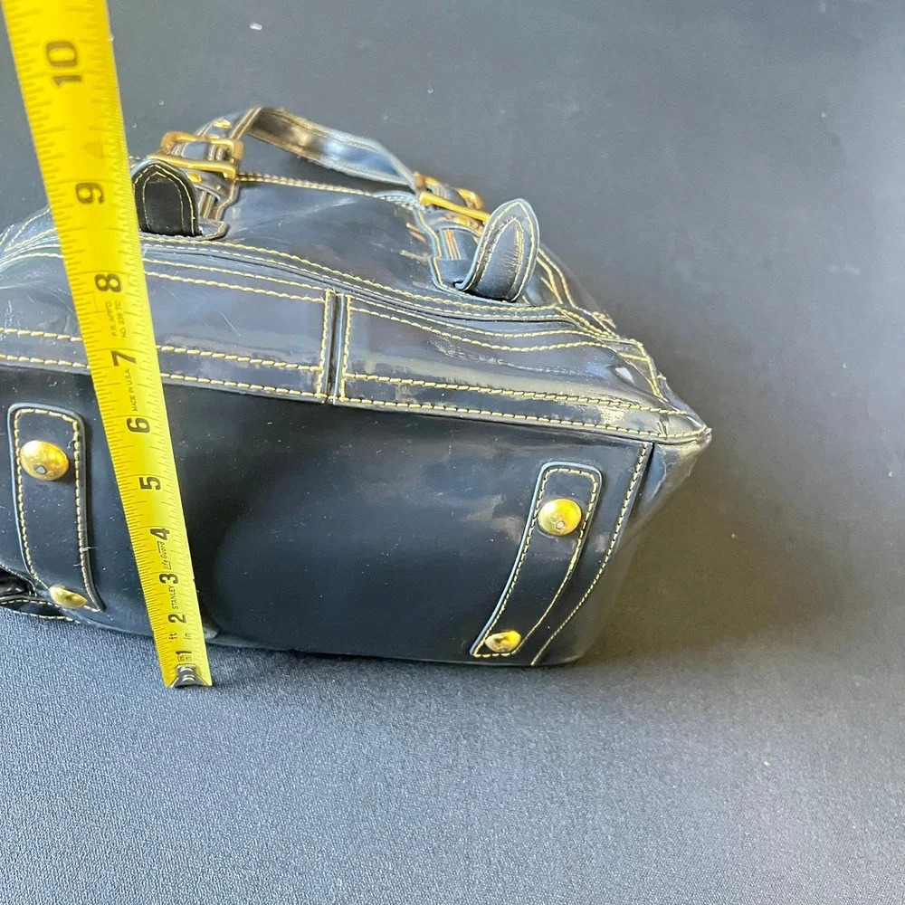 Maxx NY Gray Patent Satchel Handbag Bowler Bag Gold Buckle 90s Y2k Indie Sleaze